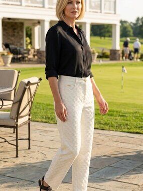 St. John Sport Marie Gray Cream Jacquard Logo Signature Print Pants Size 4